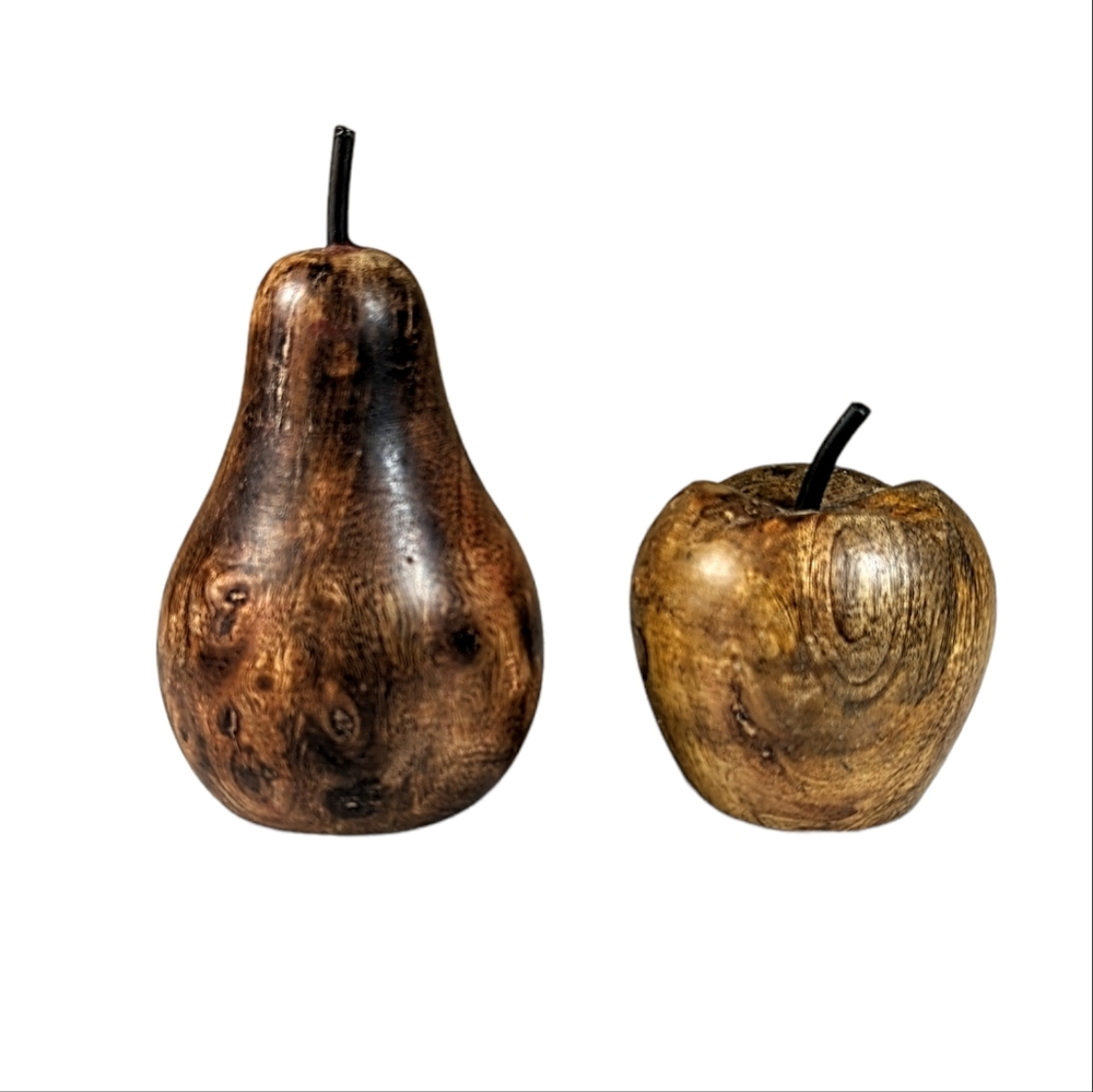 Teakwood Wooden Pear And Apple With Metal Stem Fruit Farmhouse Set 2 Mid Century